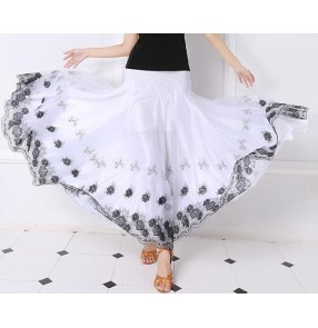 Black embroidery pattern white long length full standard skirted women's ladies female competition performance ballroom waltz tango cha cha samba dancing  dance skirts